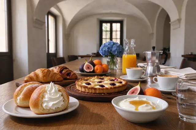 La colazione di Corte Ortensia: maritozzi, crostata, frutta, moka e cappuccino