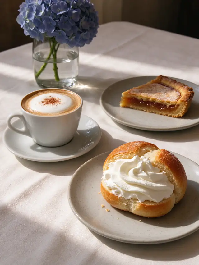 Cappuccino e maritozzo con la panna sul tavolo della colazione