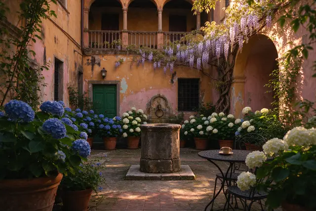 La corte interna con il pozzo, il glicine e le ortensie