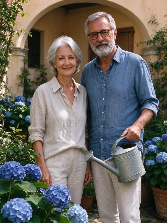 Elena e Giorgio, i proprietari, nella corte tra le ortensie