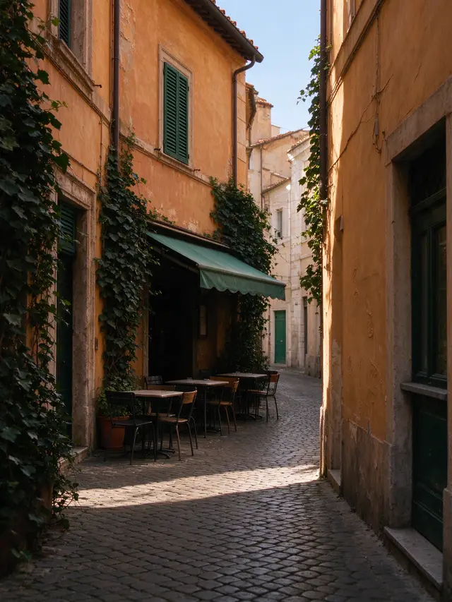Un vicolo di Monti con l’edera e una trattoria