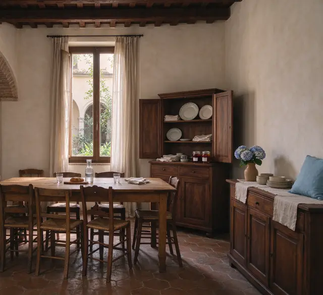 La sala colazioni con la lunga tavola di rovere