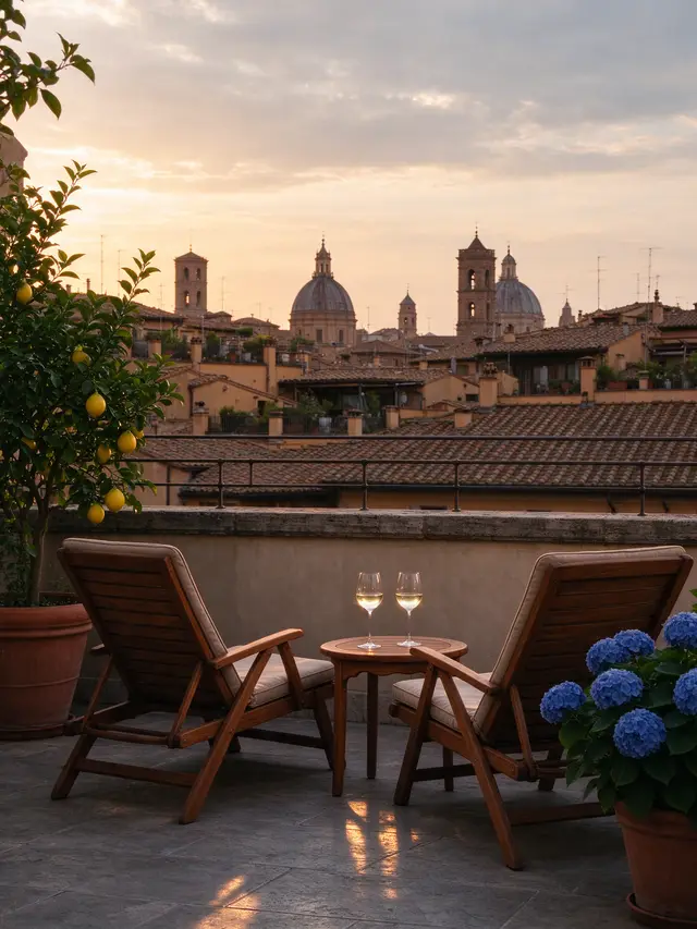 Terrazzo privato della suite con limoni in vaso e vista sui tetti al tramonto