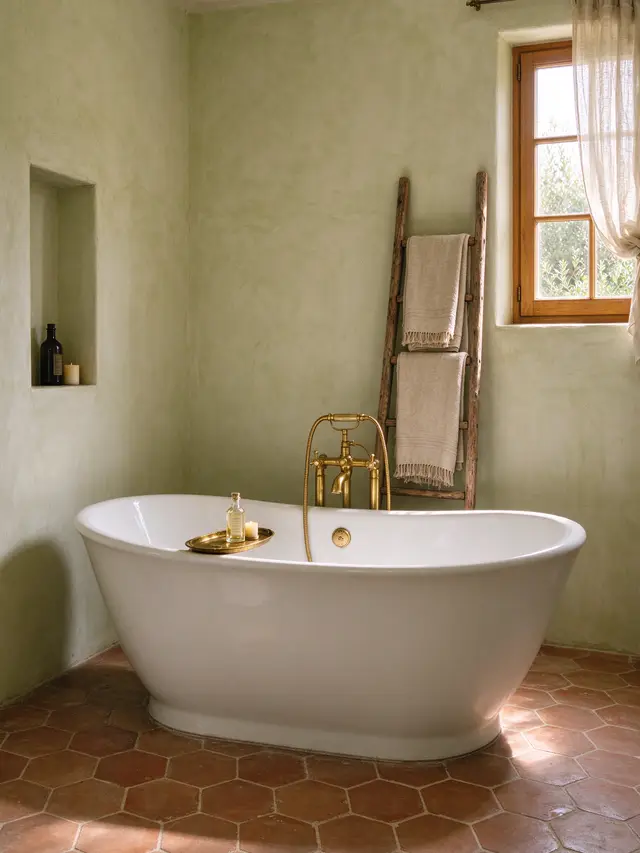 Bagno della suite con vasca freestanding su pavimento in cotto