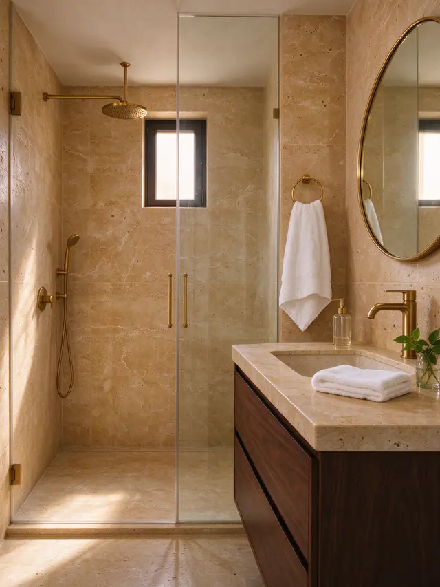 Bagno in travertino con doccia walk-in e rubinetteria in ottone